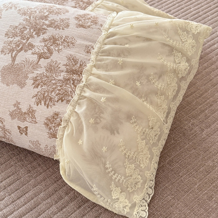 91家纺网 家纺一手货源 找家纺 苏米娜2025秋冬新款法式复古双层花边大蕾丝水洗棉亚麻床盖款四件套全棉纯棉印花小碎花四件套  芙琳 