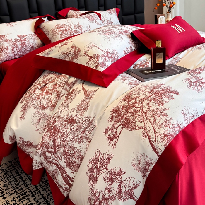 91家纺网 家纺一手货源 找家纺 高档礼盒装50*50S贡缎长绒棉数码印花四件套100%纯棉全棉床单床笠款量大价优 婚庆红-撒旦-A类贡缎长绒棉