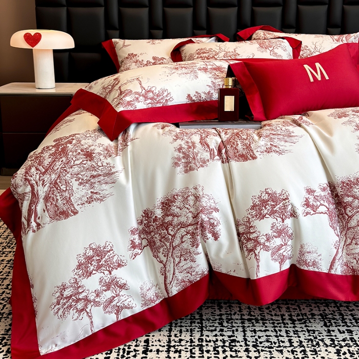 91家纺网 家纺一手货源 找家纺 高档礼盒装50*50S贡缎长绒棉数码印花四件套100%纯棉全棉床单床笠款量大价优 婚庆红-撒旦-A类贡缎长绒棉