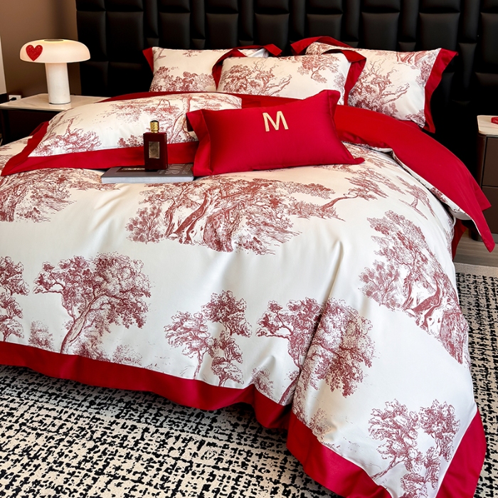 91家纺网 家纺一手货源 找家纺 高档礼盒装50*50S贡缎长绒棉数码印花四件套100%纯棉全棉床单床笠款量大价优 婚庆红-撒旦-A类贡缎长绒棉