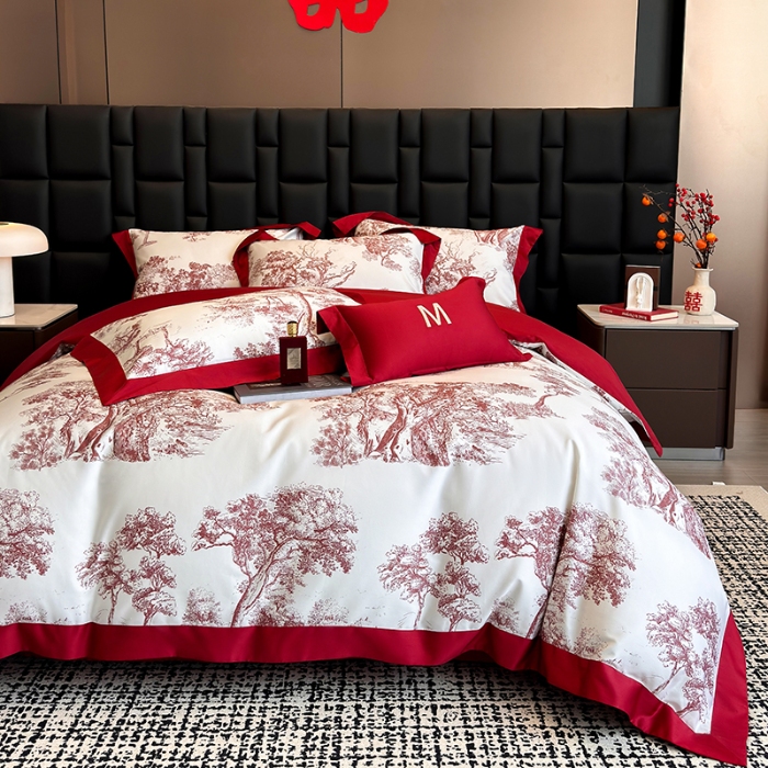 91家纺网 家纺一手货源 找家纺 高档礼盒装50*50S贡缎长绒棉数码印花四件套100%纯棉全棉床单床笠款量大价优 婚庆红-撒旦-A类贡缎长绒棉