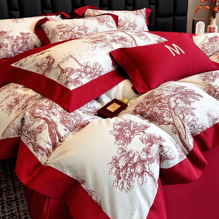 91家纺网 家纺一手货源 找家纺 高档礼盒装50*50S贡缎长绒棉数码印花四件套100%纯棉全棉床单床笠款量大价优 婚庆红-撒旦-A类贡缎长绒棉