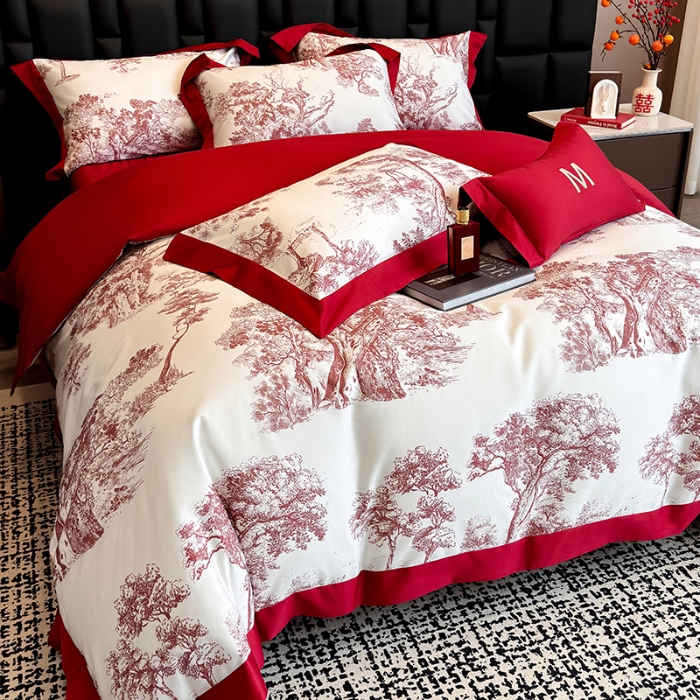 91家纺网 家纺一手货源 找家纺 高档礼盒装50*50S贡缎长绒棉数码印花四件套100%纯棉全棉床单床笠款量大价优 婚庆红-撒旦-A类贡缎长绒棉
