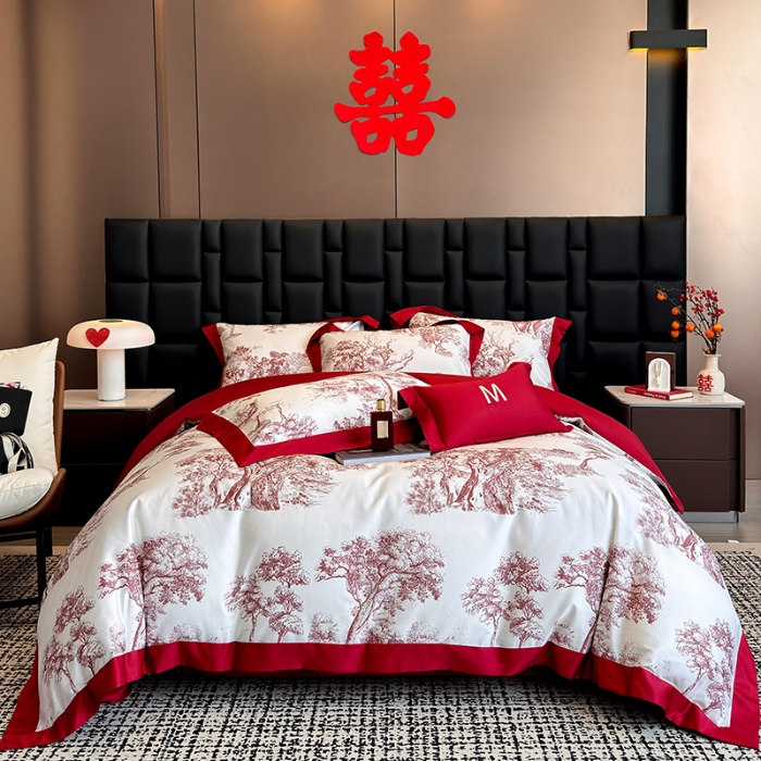 91家纺网 家纺一手货源 找家纺 高档礼盒装50*50S贡缎长绒棉数码印花四件套100%纯棉全棉床单床笠款量大价优 婚庆红-撒旦-A类贡缎长绒棉