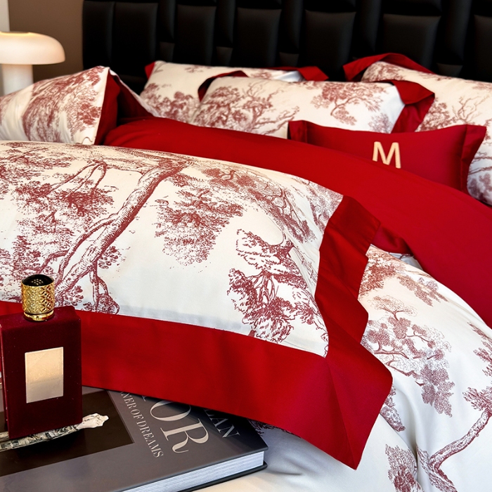 91家纺网 家纺一手货源 找家纺 高档礼盒装50*50S贡缎长绒棉数码印花四件套100%纯棉全棉床单床笠款量大价优 婚庆红-撒旦-A类贡缎长绒棉