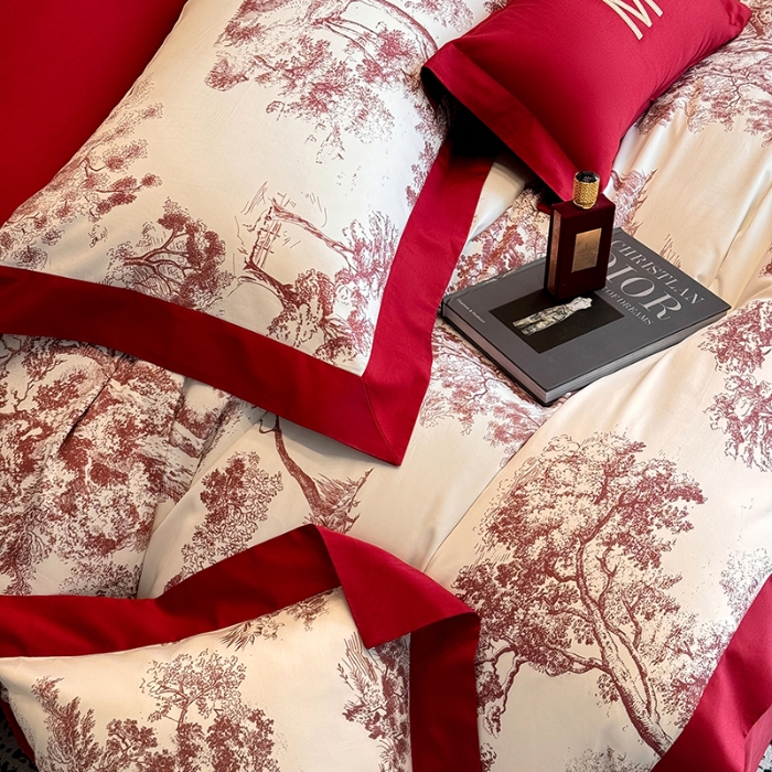 91家纺网 家纺一手货源 找家纺 高档礼盒装50*50S贡缎长绒棉数码印花四件套100%纯棉全棉床单床笠款量大价优 婚庆红-撒旦-A类贡缎长绒棉