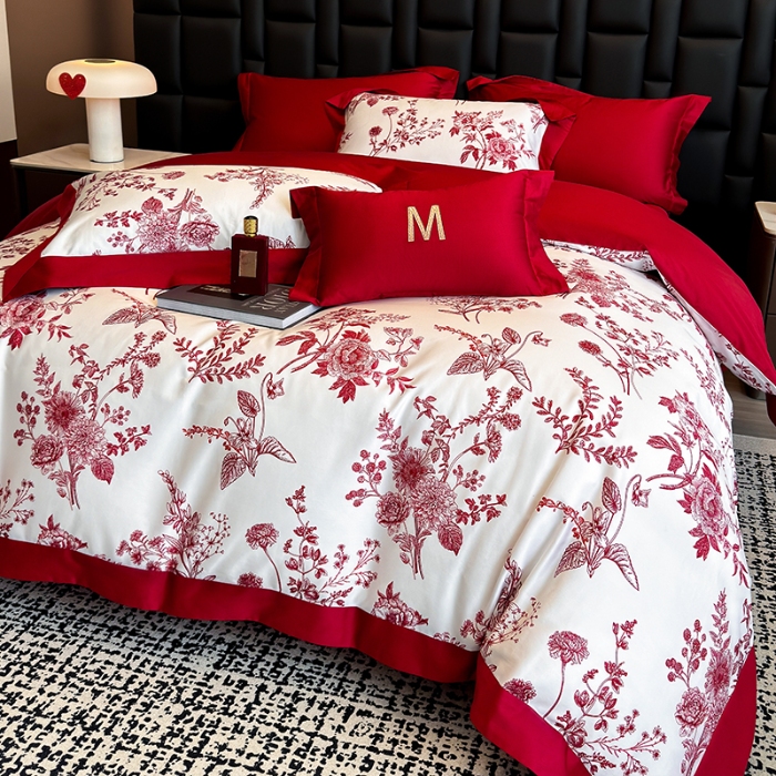 91家纺网 家纺一手货源 找家纺 高档礼盒装50*50S贡缎长绒棉数码印花四件套100%纯棉全棉床单床笠款量大价优 大红-雪莉-A类贡缎长绒棉