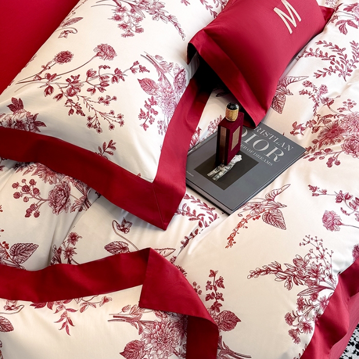 91家纺网 家纺一手货源 找家纺 高档礼盒装50*50S贡缎长绒棉数码印花四件套100%纯棉全棉床单床笠款量大价优 大红-雪莉-A类贡缎长绒棉