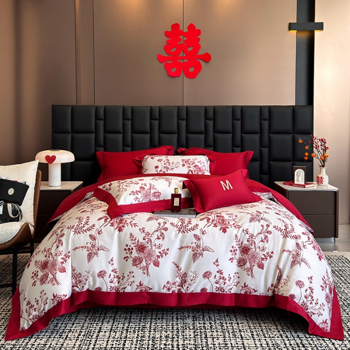 91家纺网 家纺一手货源 找家纺 高档礼盒装50*50S贡缎长绒棉数码印花四件套100%纯棉全棉床单床笠款量大价优 大红-雪莉-A类贡缎长绒棉