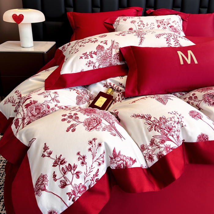 91家纺网 家纺一手货源 找家纺 高档礼盒装50*50S贡缎长绒棉数码印花四件套100%纯棉全棉床单床笠款量大价优 大红-雪莉-A类贡缎长绒棉