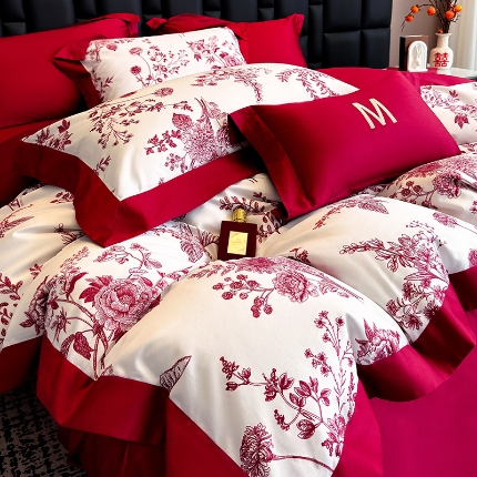 高档礼盒装50*50S贡缎长绒棉数码印花四件套100%纯棉全棉床单床笠款量大价优 大红-雪莉-A类贡缎长绒棉