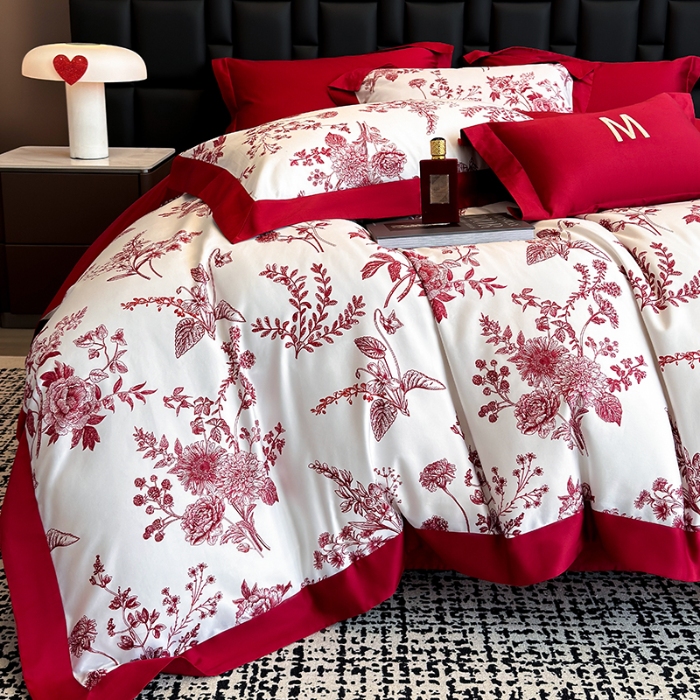 91家纺网 家纺一手货源 找家纺 高档礼盒装50*50S贡缎长绒棉数码印花四件套100%纯棉全棉床单床笠款量大价优 大红-雪莉-A类贡缎长绒棉