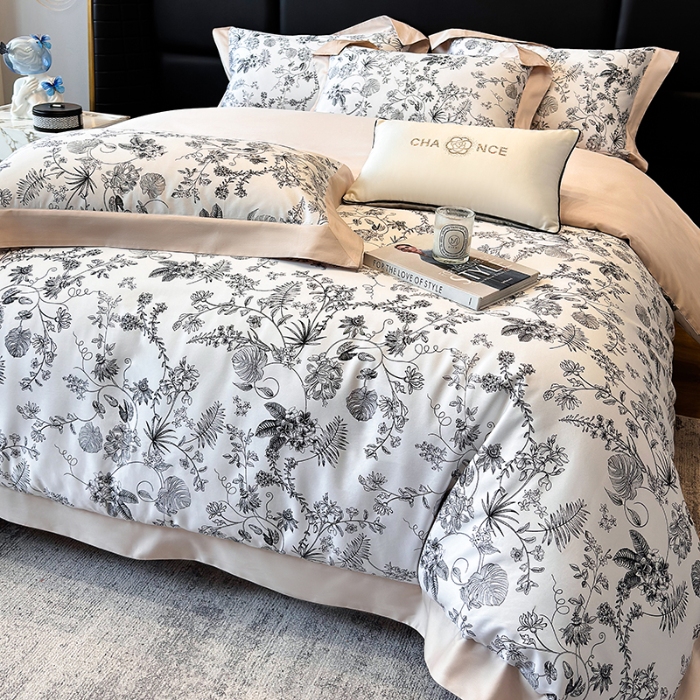 91家纺网 家纺一手货源 找家纺 高档礼盒装50*50S贡缎长绒棉数码印花四件套100%纯棉全棉床单床笠款量大价优 高级黑-香榭秘境-A类贡缎长绒棉