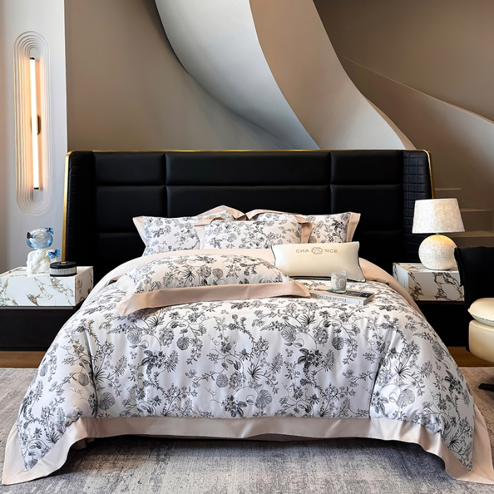 91家纺网 家纺一手货源 找家纺 高档礼盒装50*50S贡缎长绒棉数码印花四件套100%纯棉全棉床单床笠款量大价优 高级黑-香榭秘境-A类贡缎长绒棉