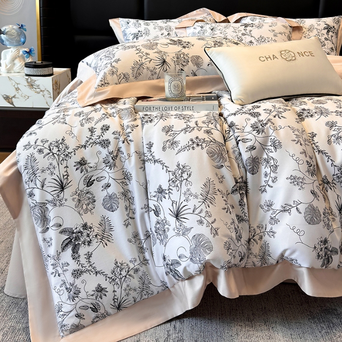 91家纺网 家纺一手货源 找家纺 高档礼盒装50*50S贡缎长绒棉数码印花四件套100%纯棉全棉床单床笠款量大价优 高级黑-香榭秘境-A类贡缎长绒棉