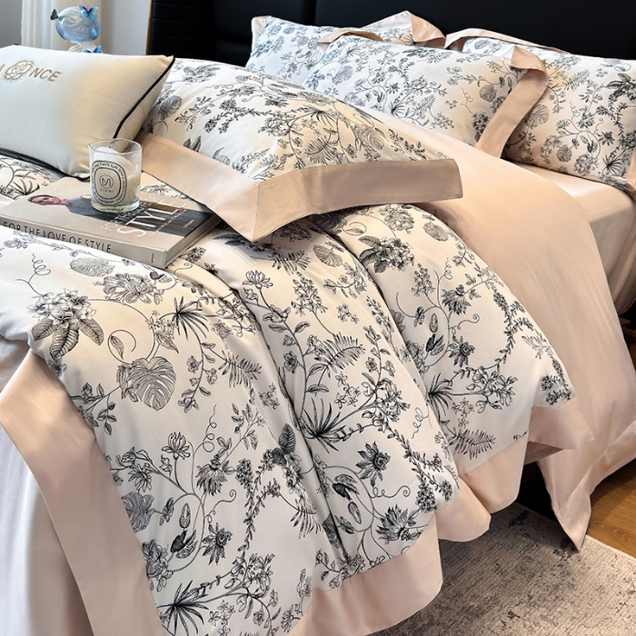 91家纺网 家纺一手货源 找家纺 高档礼盒装50*50S贡缎长绒棉数码印花四件套100%纯棉全棉床单床笠款量大价优 高级黑-香榭秘境-A类贡缎长绒棉