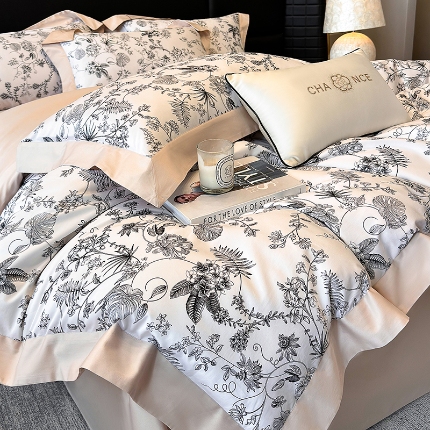 高档礼盒装50*50S贡缎长绒棉数码印花四件套100%纯棉全棉床单床笠款量大价优 高级黑-香榭秘境-A类贡缎长绒棉