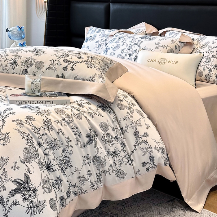 91家纺网 家纺一手货源 找家纺 高档礼盒装50*50S贡缎长绒棉数码印花四件套100%纯棉全棉床单床笠款量大价优 高级黑-香榭秘境-A类贡缎长绒棉