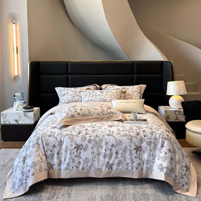 91家纺网 家纺一手货源 找家纺 高档礼盒装50*50S贡缎长绒棉数码印花四件套100%纯棉全棉床单床笠款量大价优 玫瑰金-香榭秘境-A类贡缎长绒棉