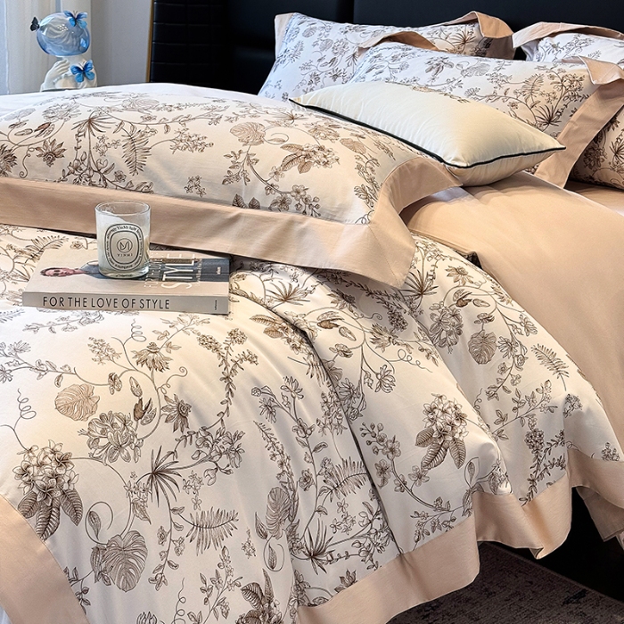 91家纺网 家纺一手货源 找家纺 高档礼盒装50*50S贡缎长绒棉数码印花四件套100%纯棉全棉床单床笠款量大价优 玫瑰金-香榭秘境-A类贡缎长绒棉