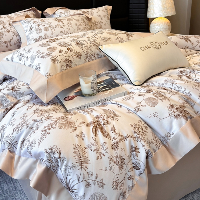 91家纺网 家纺一手货源 找家纺 高档礼盒装50*50S贡缎长绒棉数码印花四件套100%纯棉全棉床单床笠款量大价优 玫瑰金-香榭秘境-A类贡缎长绒棉