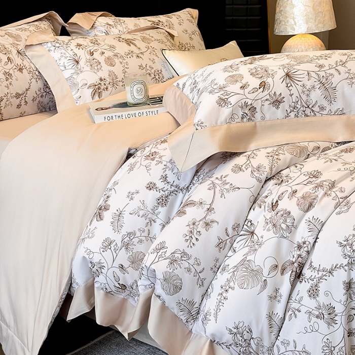 91家纺网 家纺一手货源 找家纺 高档礼盒装50*50S贡缎长绒棉数码印花四件套100%纯棉全棉床单床笠款量大价优 玫瑰金-香榭秘境-A类贡缎长绒棉