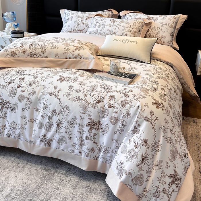 91家纺网 家纺一手货源 找家纺 高档礼盒装50*50S贡缎长绒棉数码印花四件套100%纯棉全棉床单床笠款量大价优 玫瑰金-香榭秘境-A类贡缎长绒棉