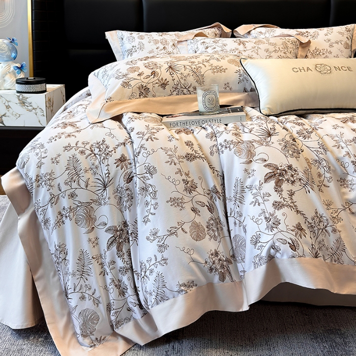 91家纺网 家纺一手货源 找家纺 高档礼盒装50*50S贡缎长绒棉数码印花四件套100%纯棉全棉床单床笠款量大价优 玫瑰金-香榭秘境-A类贡缎长绒棉