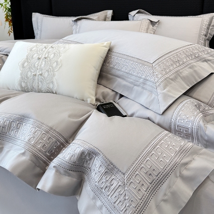 高档礼盒装50*50S贡缎长绒棉刺绣花四件套100%纯棉全棉床单床笠款量大价优 太空灰-丽思兰顿-A类贡缎长绒棉