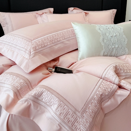 高档礼盒装50*50S贡缎长绒棉刺绣花四件套100%纯棉全棉床单床笠款量大价优 香奈粉-丽思兰顿-A类贡缎长绒棉