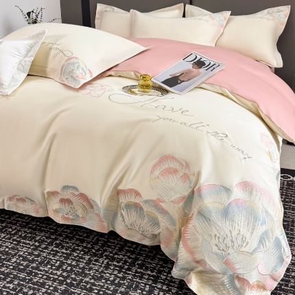 91家纺网 家纺一手货源 找家纺 （总）2025新款刺绣亲肤棉简约四件套- 梦里花开系列