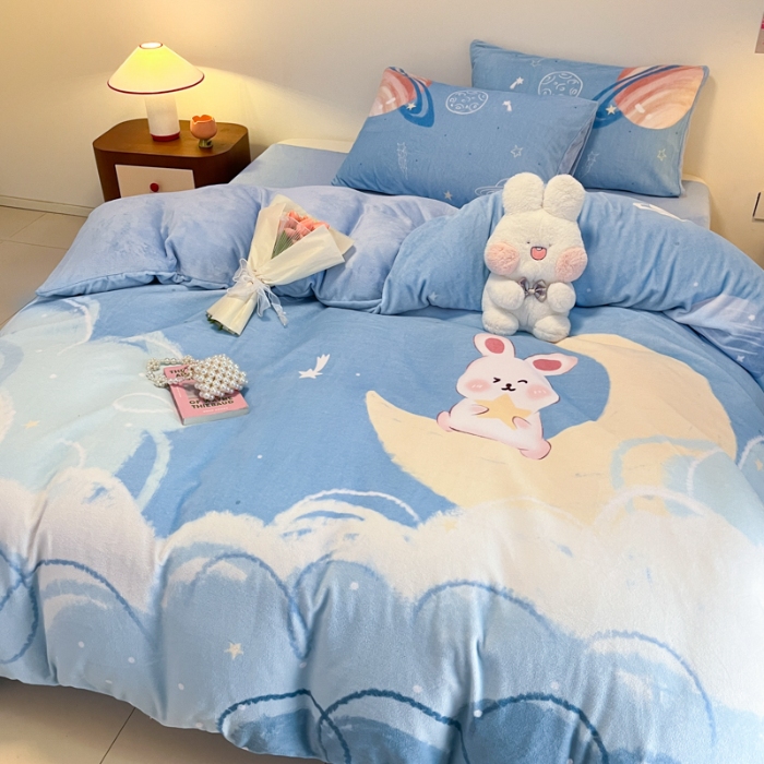 91家纺网 家纺一手货源 找家纺 （总）控价 2025年新款 专版花型 240克全消光A类儿童牛奶绒四件套-萌萌兔