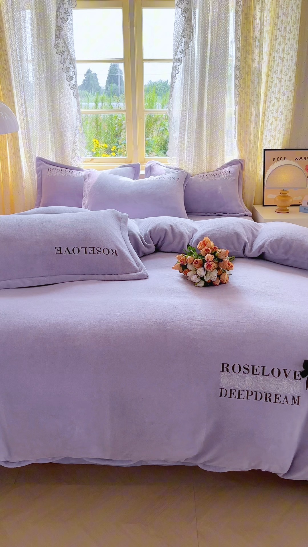 91家纺网 家纺一手货源 找家纺 2025外贸跑量款加厚清新公主法式风花卉纯色牛奶绒贴布绣刺绣花四件套单品床单被套婴儿绒法兰绒兔毛绒四件套 赫本紫