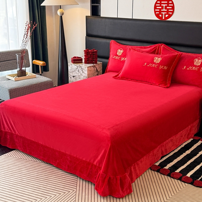 91家纺网 家纺一手货源 找家纺 苏米娜2025秋冬新款高克重9斤全消光牛奶绒大红结婚婚庆四件套大红色龙凤刺绣婴儿绒四件套（含精美手提袋） 永恒 