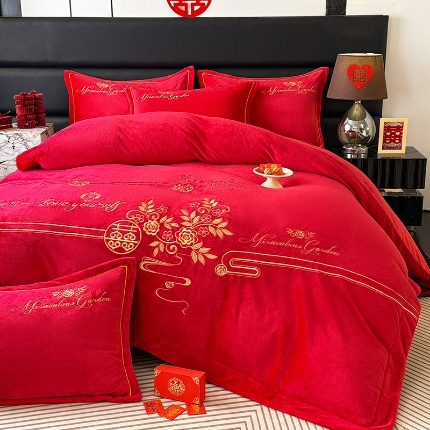 苏米娜2025秋冬新款高克重9斤全消光牛奶绒大红结婚婚庆四件套大红色龙凤刺绣婴儿绒四件套（含精美手提袋） 倾城 