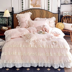 91家纺网 家纺一手货源 找家纺 （总）乐朵家居 2025新款 南法庄园 牛奶绒 夹棉床盖四件套,粉玉,奶白