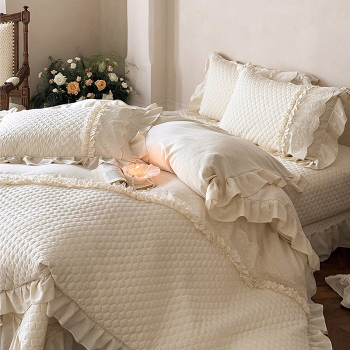 91家纺网 家纺一手货源 找家纺 （总）乐朵家居  2025秋冬新款 米兰 全棉棉麻 床单款夹棉床盖 四件套