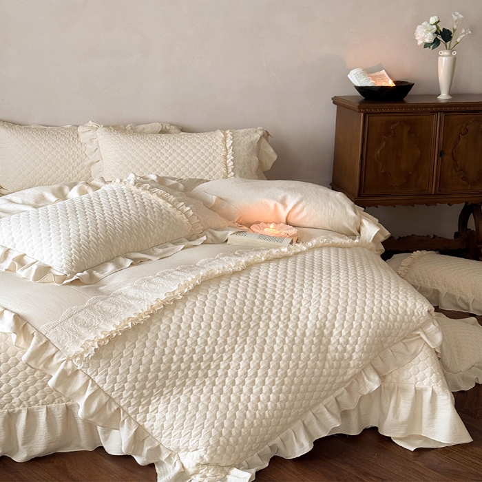 91家纺网 家纺一手货源 找家纺 （总）乐朵家居  2025秋冬新款 米兰 全棉棉麻 床单款夹棉床盖 四件套