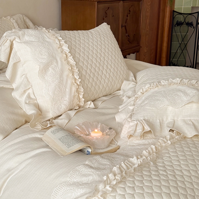 91家纺网 家纺一手货源 找家纺 （总）乐朵家居  2025秋冬新款 米兰 全棉棉麻 床单款夹棉床盖 四件套