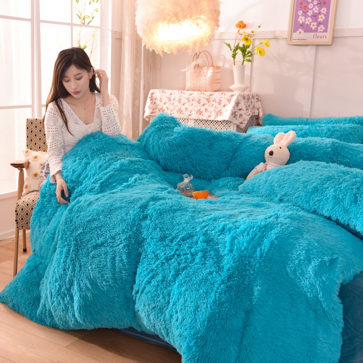 91家纺网 家纺一手货源 找家纺 （总）经年- 水貂绒纯色水晶绒长毛绒保暖牛奶绒兔绒四件套-大量现货