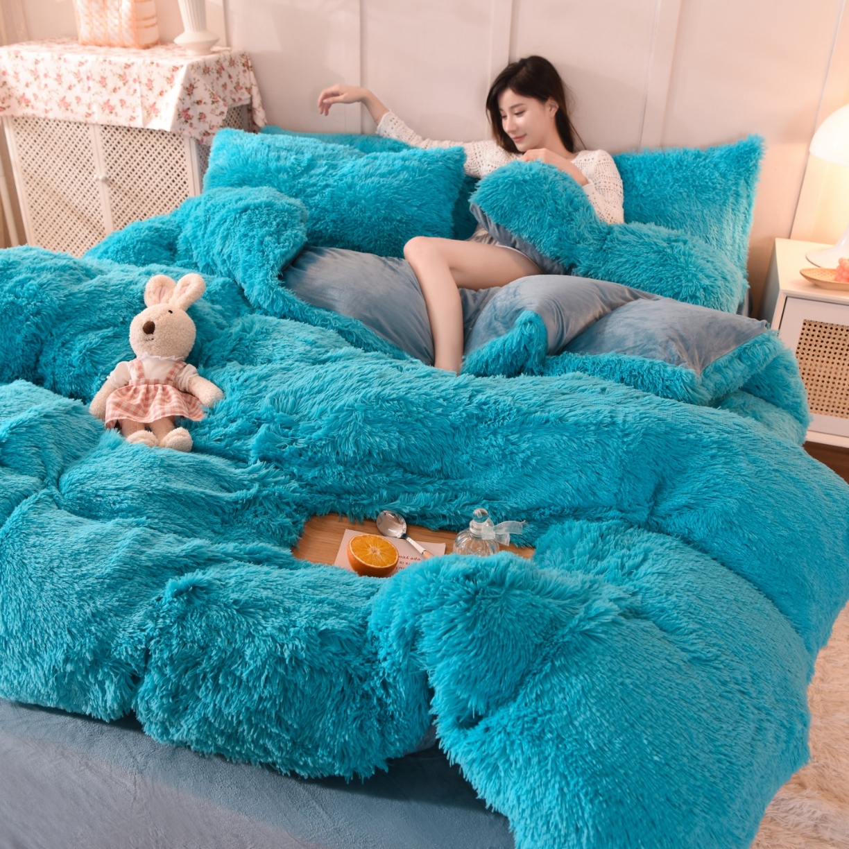 91家纺网 家纺一手货源 找家纺 （总）经年- 水貂绒纯色水晶绒长毛绒保暖牛奶绒兔绒四件套-大量现货