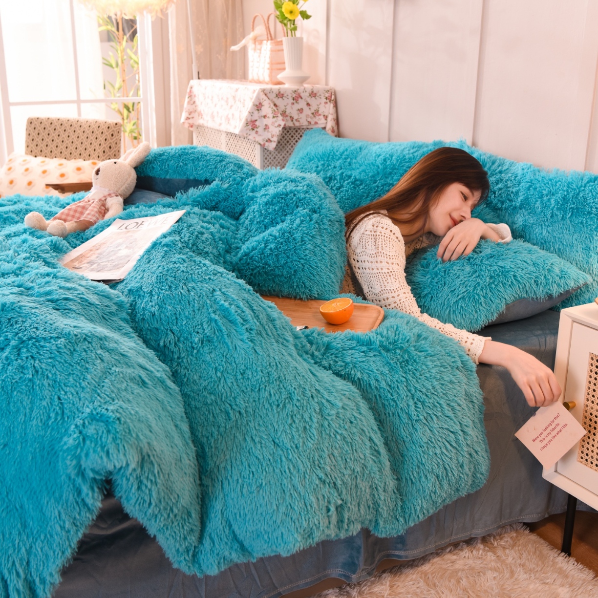 91家纺网 家纺一手货源 找家纺 （总）经年- 水貂绒纯色水晶绒长毛绒保暖牛奶绒兔绒四件套-大量现货