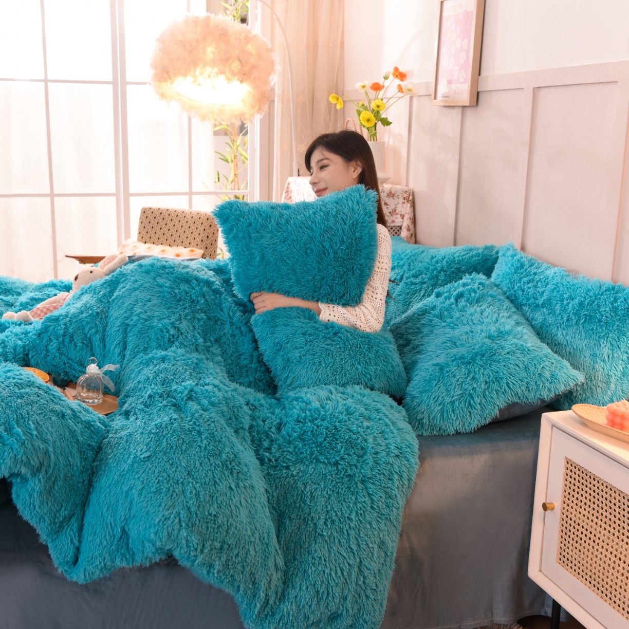 91家纺网 家纺一手货源 找家纺 （总）经年- 水貂绒纯色水晶绒长毛绒保暖牛奶绒兔绒四件套-大量现货