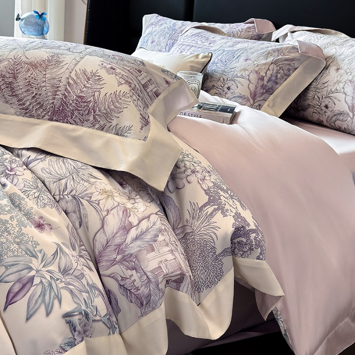 91家纺网 家纺一手货源 找家纺 高档礼盒装50*50S贡缎长绒棉数码印花四件套100%纯棉全棉床单床笠款量大价优 紫藤色-斯里兰卡-A类贡缎100%长绒棉