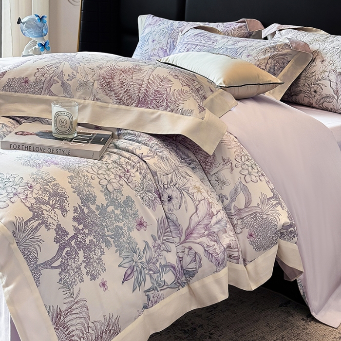 91家纺网 家纺一手货源 找家纺 高档礼盒装50*50S贡缎长绒棉数码印花四件套100%纯棉全棉床单床笠款量大价优 紫藤色-斯里兰卡-A类贡缎100%长绒棉