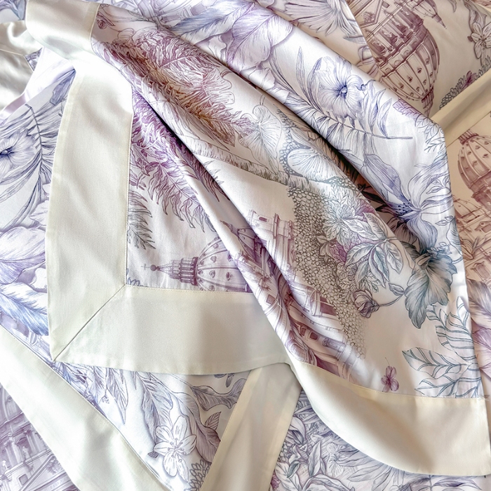 91家纺网 家纺一手货源 找家纺 高档礼盒装50*50S贡缎长绒棉数码印花四件套100%纯棉全棉床单床笠款量大价优 紫藤色-斯里兰卡-A类贡缎100%长绒棉