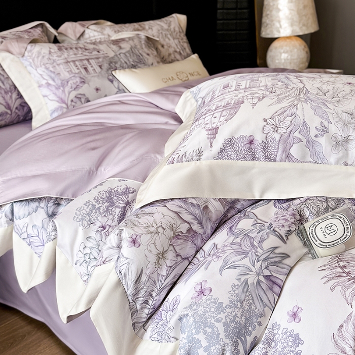 91家纺网 家纺一手货源 找家纺 高档礼盒装50*50S贡缎长绒棉数码印花四件套100%纯棉全棉床单床笠款量大价优 紫藤色-斯里兰卡-A类贡缎100%长绒棉