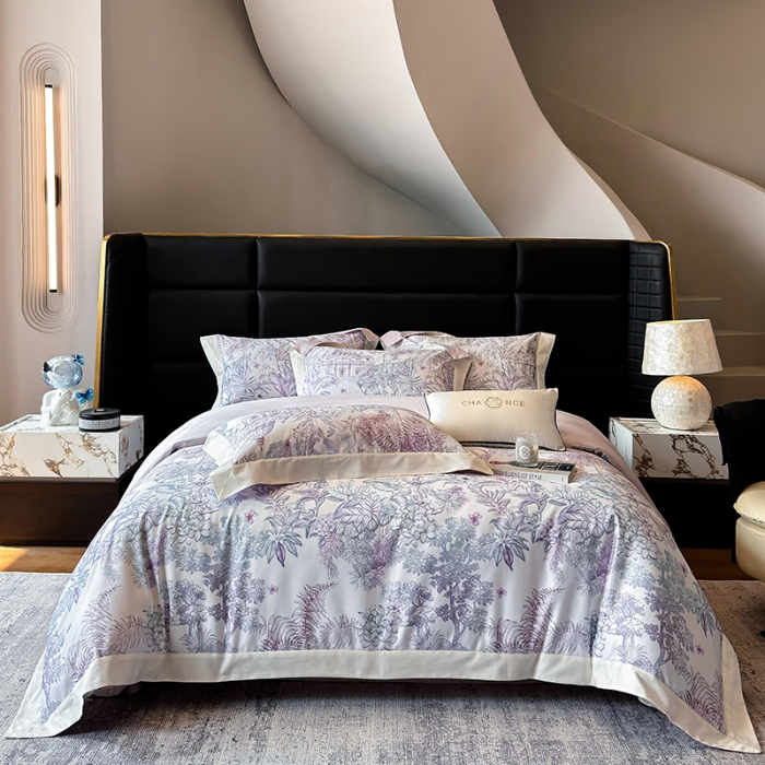 91家纺网 家纺一手货源 找家纺 高档礼盒装50*50S贡缎长绒棉数码印花四件套100%纯棉全棉床单床笠款量大价优 紫藤色-斯里兰卡-A类贡缎100%长绒棉