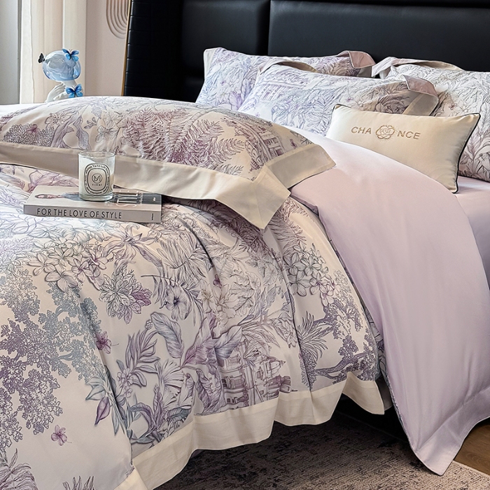 91家纺网 家纺一手货源 找家纺 高档礼盒装50*50S贡缎长绒棉数码印花四件套100%纯棉全棉床单床笠款量大价优 紫藤色-斯里兰卡-A类贡缎100%长绒棉