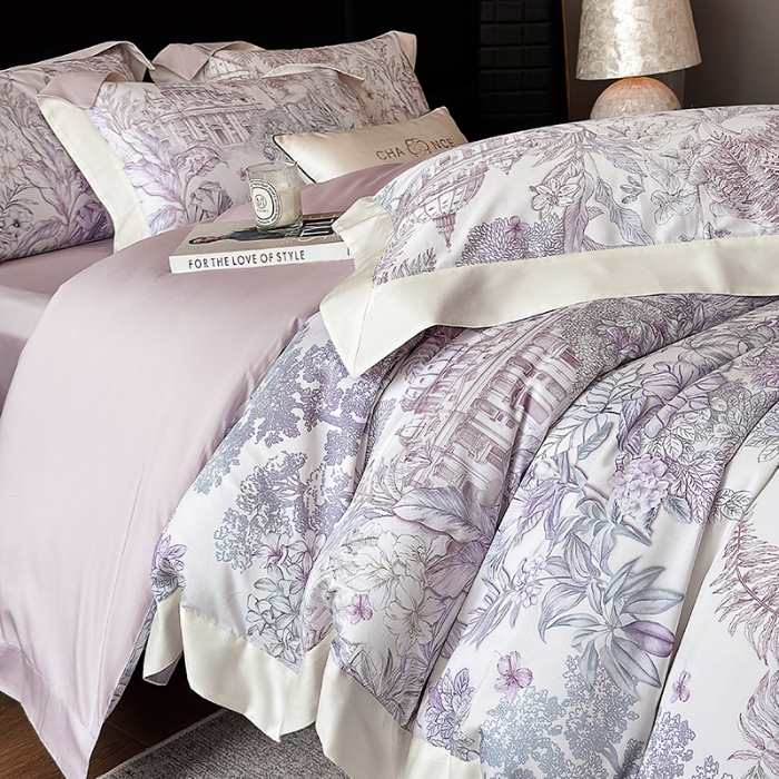 91家纺网 家纺一手货源 找家纺 高档礼盒装50*50S贡缎长绒棉数码印花四件套100%纯棉全棉床单床笠款量大价优 紫藤色-斯里兰卡-A类贡缎100%长绒棉
